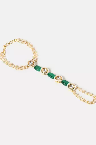 Gold plated kundan green stones haath phool