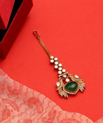 Gold plated kundan green stones maang tikka 2
