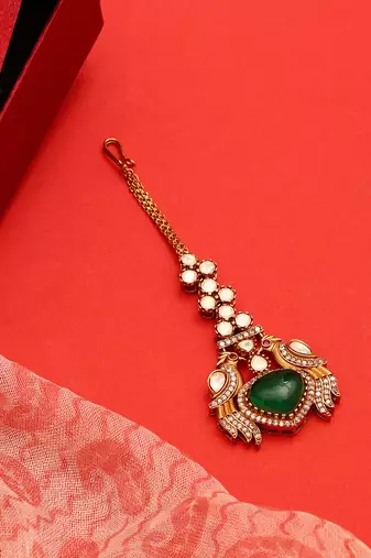 Gold plated kundan green stones maang tikka