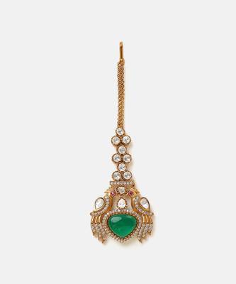Gold plated kundan green stones maang tikka 3