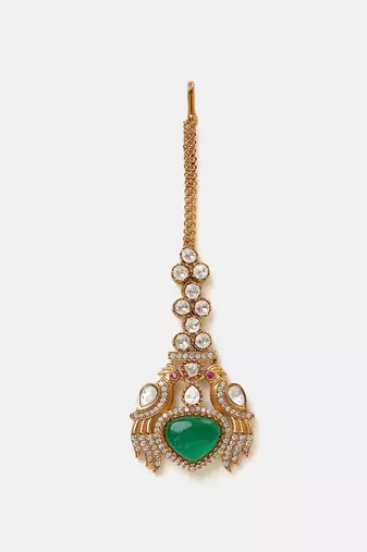 Gold plated kundan green stones maang tikka