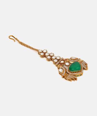 Gold plated kundan green stones maang tikka 4