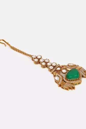 Gold plated kundan green stones maang tikka