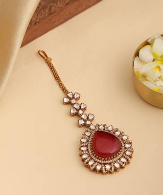 Gold plated kundan red stones maang tikka 2