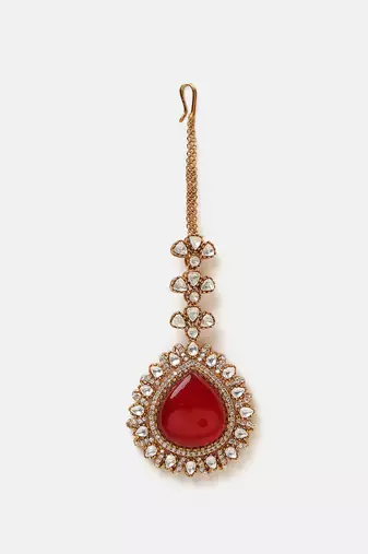 Gold plated kundan red stones maang tikka