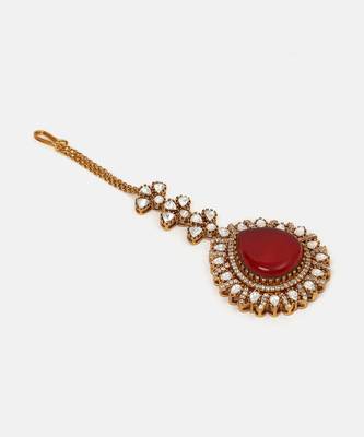 Gold plated kundan red stones maang tikka 4