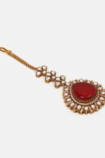 Gold plated kundan red stones maang tikka