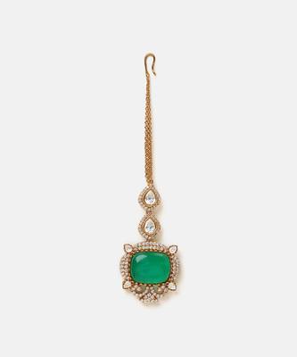 Gold plated kundan green stones maang tikka 3