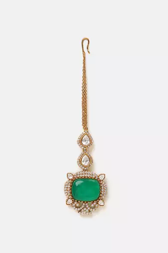 Gold plated kundan green stones maang tikka
