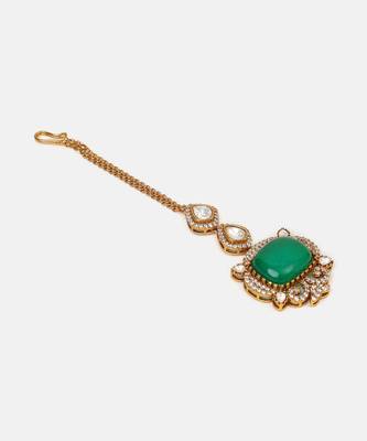 Gold plated kundan green stones maang tikka 4