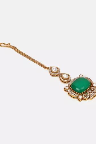 Gold plated kundan green stones maang tikka