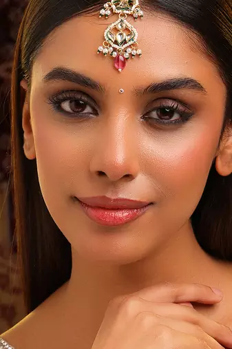 Gold plated kundan pink stones maang tikka