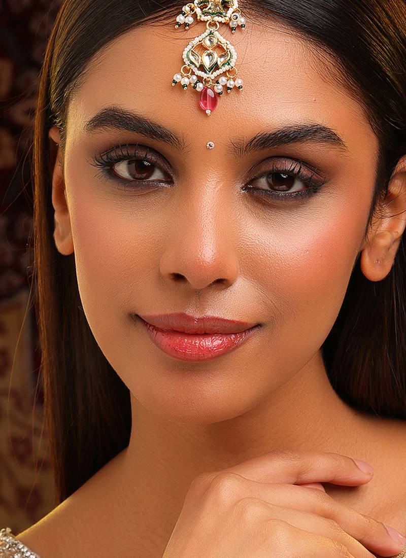 Gold plated kundan pink stones maang tikka