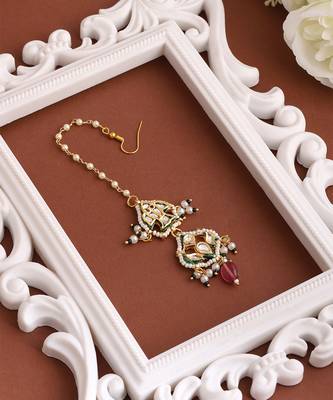 Gold plated kundan pink stones maang tikka 2