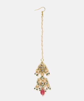 Gold plated kundan pink stones maang tikka 3