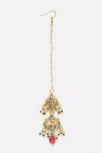 Gold plated kundan pink stones maang tikka