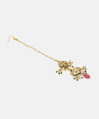 Gold plated kundan pink stones maang tikka 4