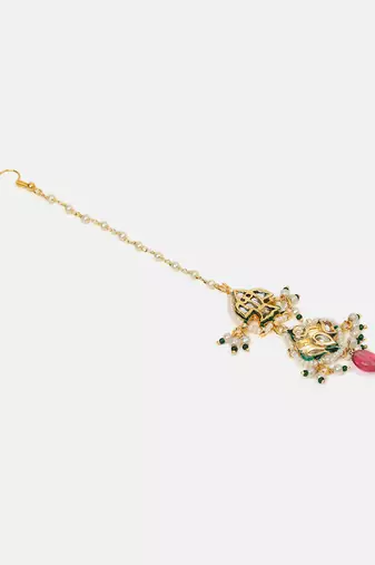 Gold plated kundan pink stones maang tikka