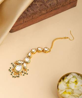 Gold plated kundan green stones maang tikka 2