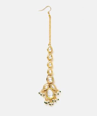 Gold plated kundan green stones maang tikka 3