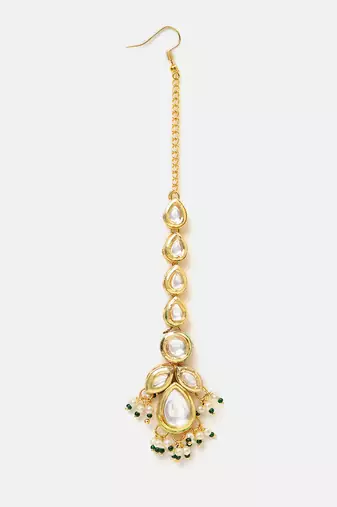 Gold plated kundan green stones maang tikka
