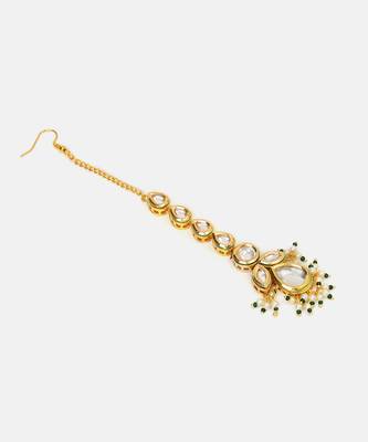 Gold plated kundan green stones maang tikka 4