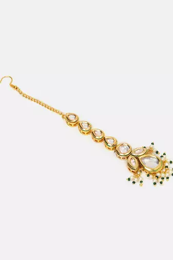 Gold plated kundan green stones maang tikka