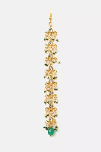 Gold plated kundan green stones maang tikka