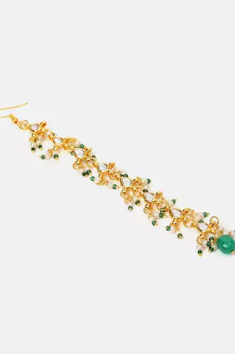 Gold plated kundan green stones maang tikka