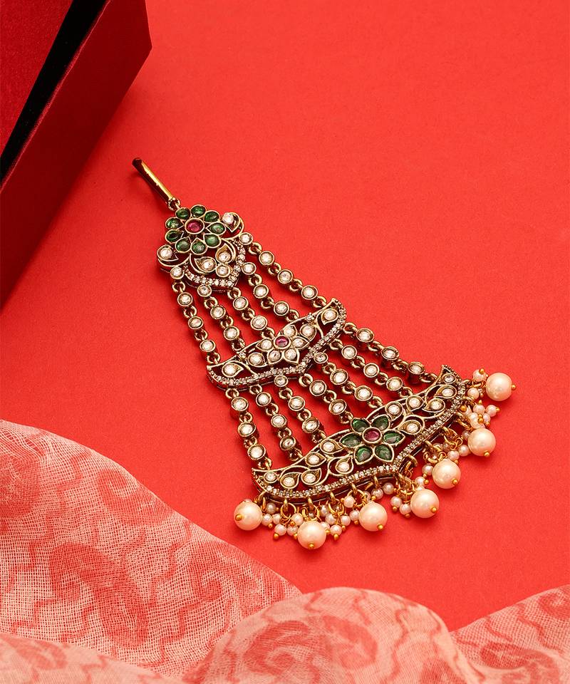 Gold plated kundan green stones passa
