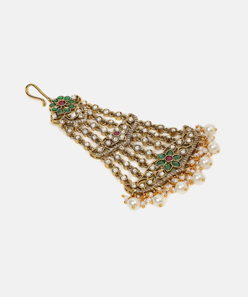 Gold plated kundan green stones passa