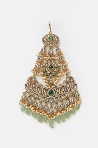 Gold plated kundan green stones passa