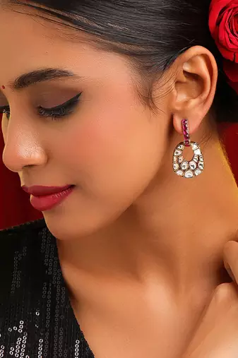 Gold plated kundan red stones earrings