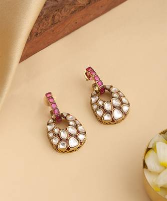 Gold plated kundan red stones earrings 2