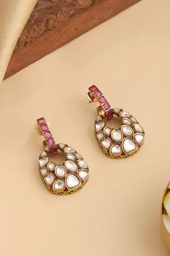 Gold plated kundan red stones earrings