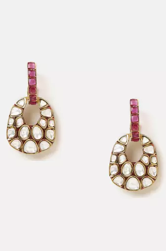 Gold plated kundan red stones earrings