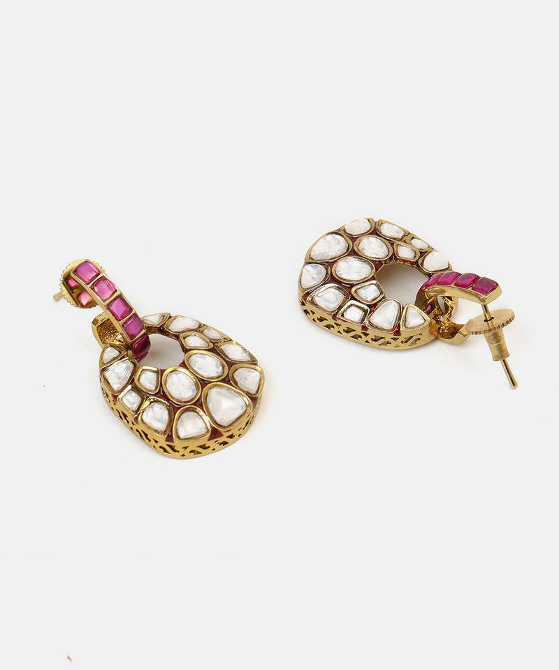 Gold plated kundan red stones earrings