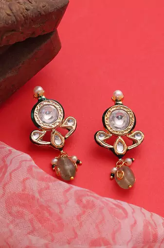Gold plated kundan green stones earrings