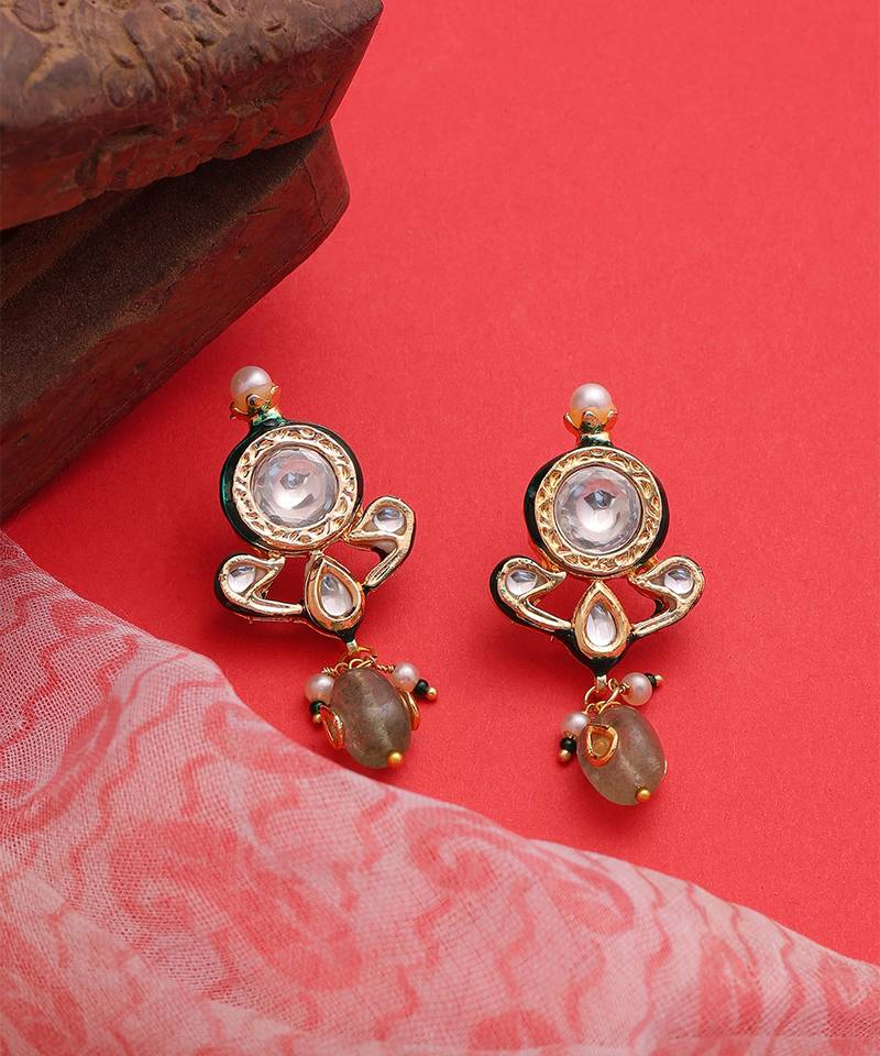 Gold plated kundan green stones earrings
