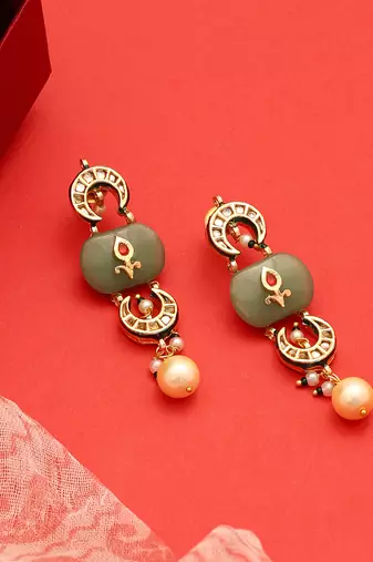 Gold plated kundan green stones earrings