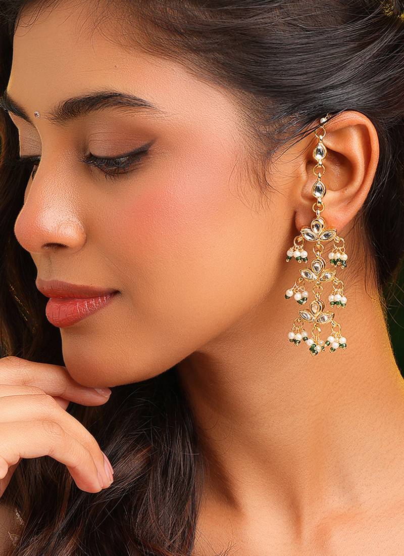 Gold plated kundan green stones earrings