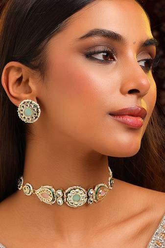 Gold plated kundan multicolor stones choker necklace set