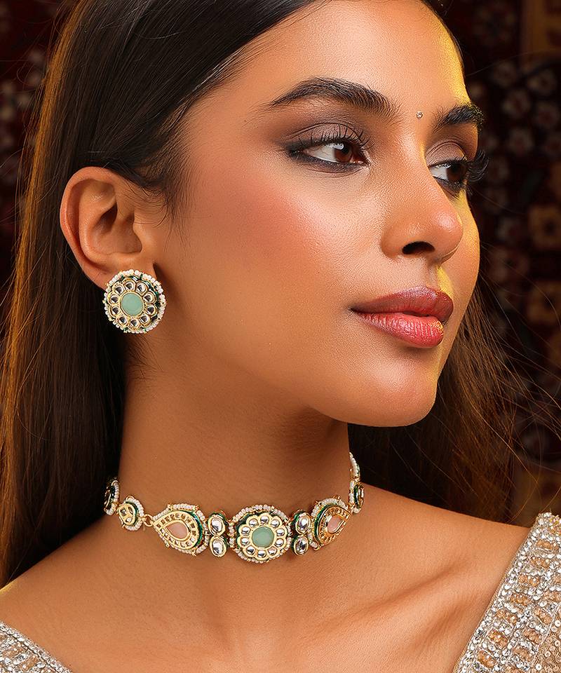 Gold plated kundan multicolor stones choker necklace set