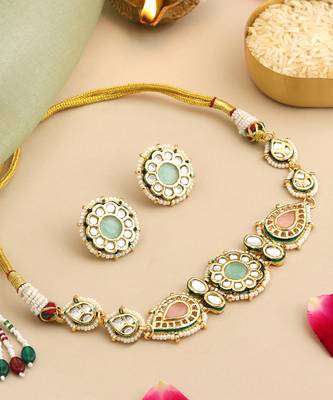 Gold plated kundan multicolor stones choker necklace set 2