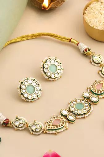 Gold plated kundan multicolor stones choker necklace set