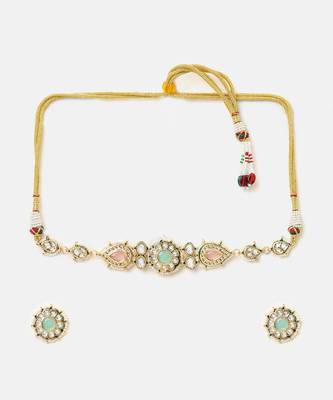 Gold plated kundan multicolor stones choker necklace set 3