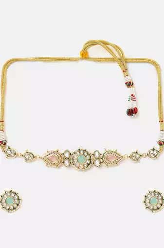 Gold plated kundan multicolor stones choker necklace set