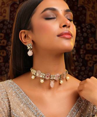 Gold plated kundan pink stones choker necklace set 1