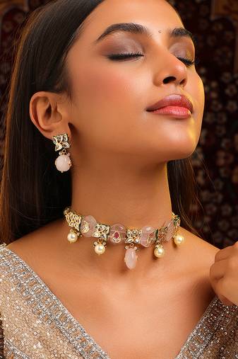 Gold plated kundan pink stones choker necklace set