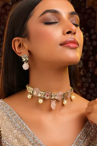 Gold plated kundan pink stones choker necklace set
